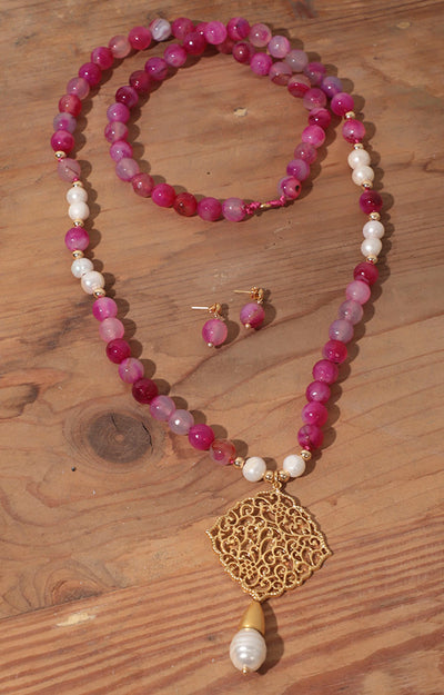 Set de piedra natural rosa con aretes - SET COLLAR Boutiquemirel 