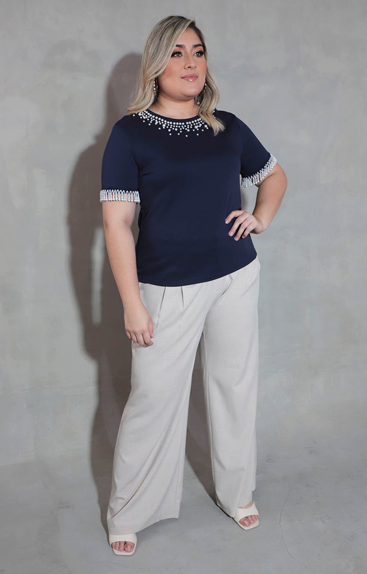 Blusa azul marino con perlas - BLUSA XL Boutiquemirel 