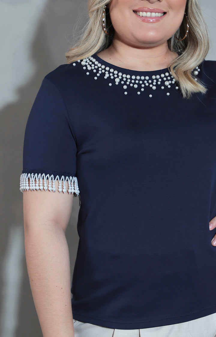 Blusa azul marino con perlas - BLUSA XL Boutiquemirel 