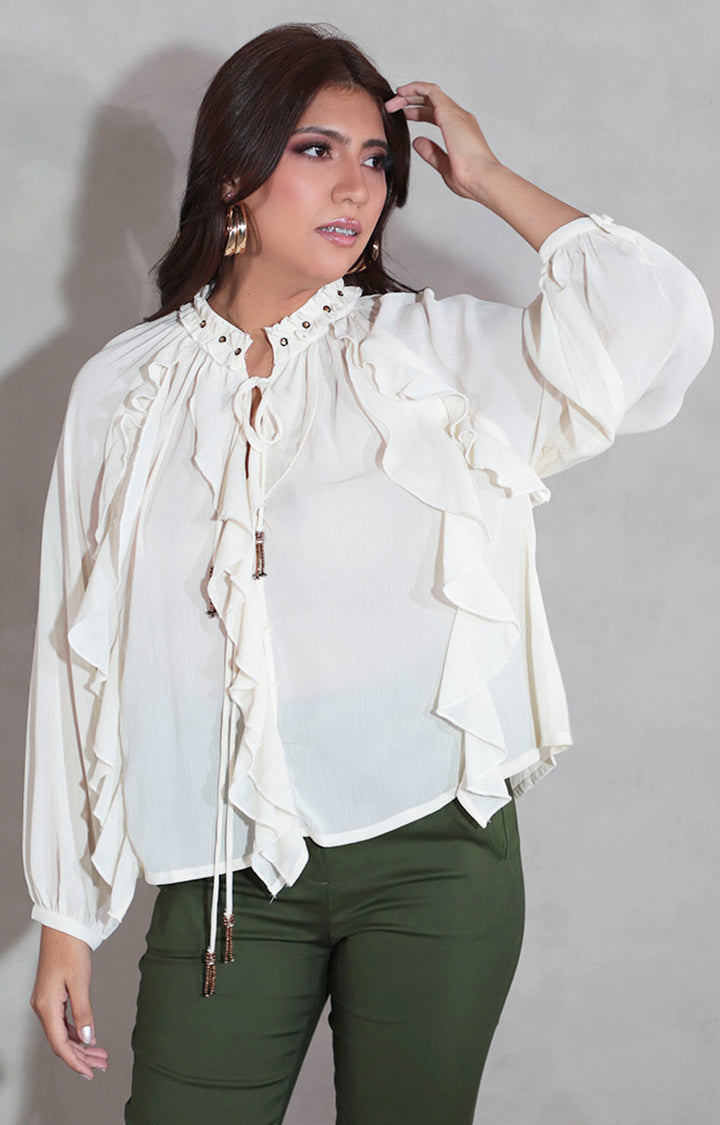 Blusa beige con olanes - BLUSA Boutiquemirel 