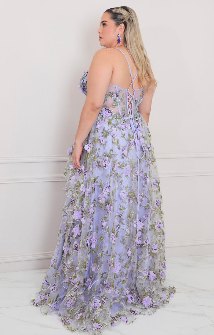 Vestido lila con corset y flores 3D