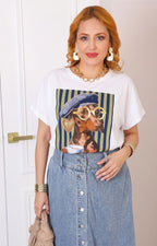 Blusa blanca con estampado de rayas y perrito