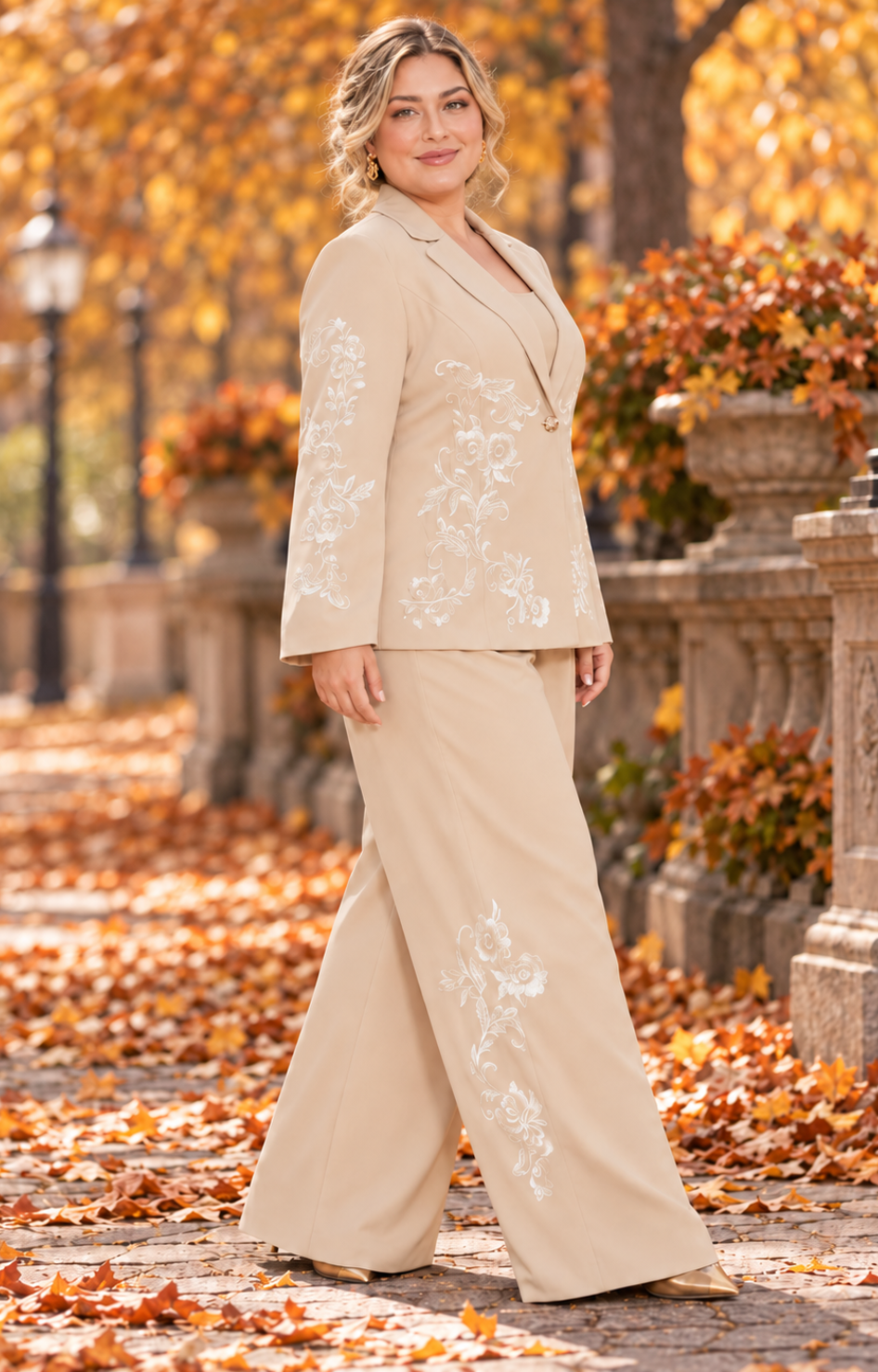 Conjunto beige de saco con bordado
