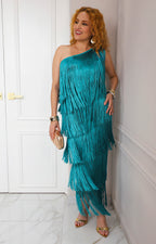Vestido azul con flecos