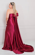 Vestido vino satinado con flor en el hombro - VESTIDO LARGO CURVY Boutiquemirel 