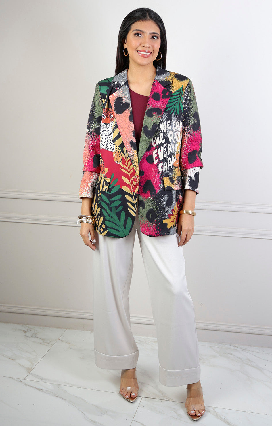 Saco estampado con animal print y lettering