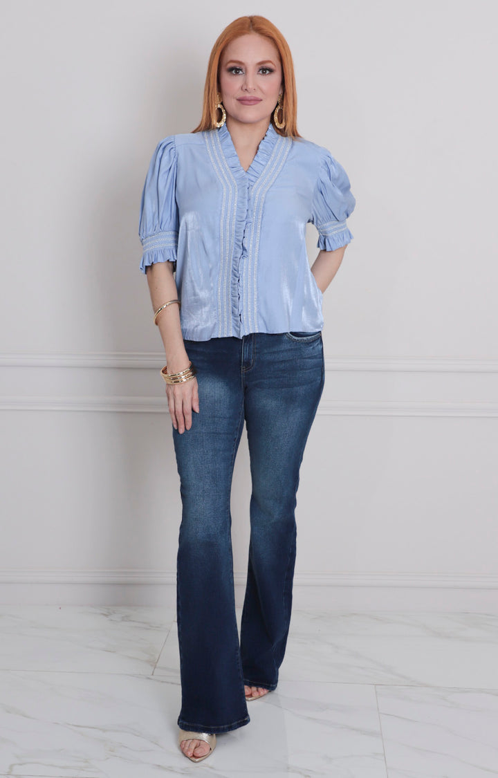 Blusa azul con bordado - BLUSAS REGULAR Boutiquemirel 