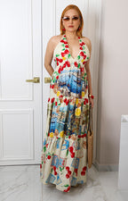 Vestido halter estampado con escenas costeras