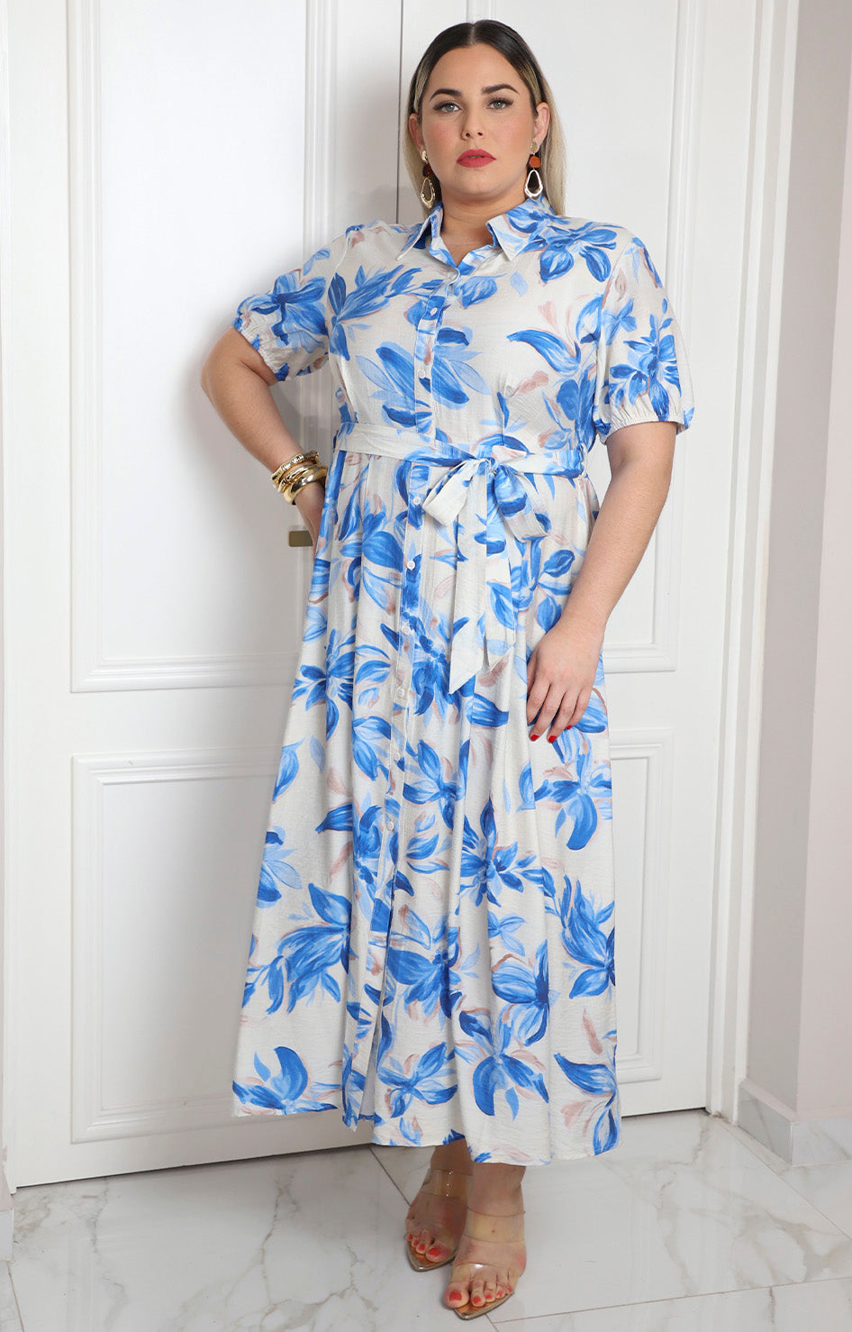 Vestido largo estampado de hojas con lazo