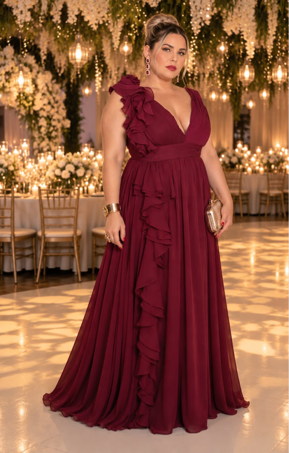 Vestido largo curvy Boutiquemirel con escote en V y olanes laterales, diseñado para resaltar la figura femenina.