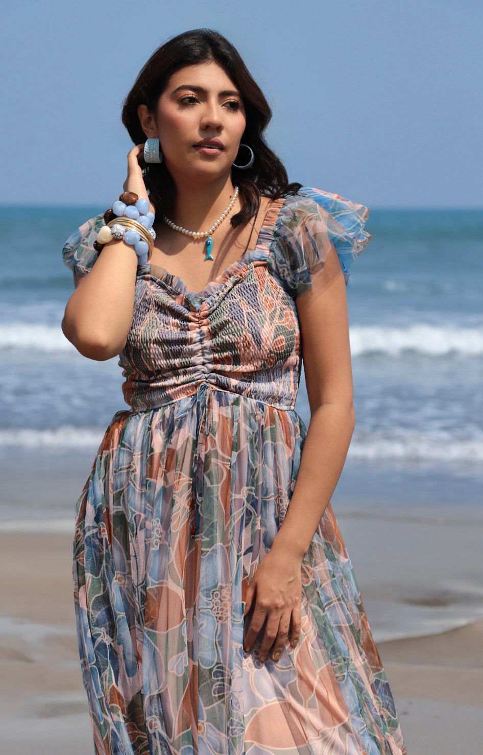 Vestido azul estampado cafe - VESTIDO LARGO REGULAR Boutiquemirel 