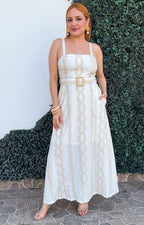 Vestido beige con detalle bordado y cinturón - VESTIDO LARGO REGULAR Boutiquemirel 