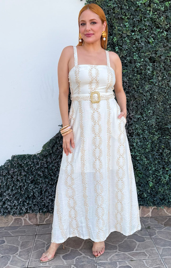 Vestido beige con detalle bordado y cinturón - VESTIDO LARGO REGULAR Boutiquemirel 