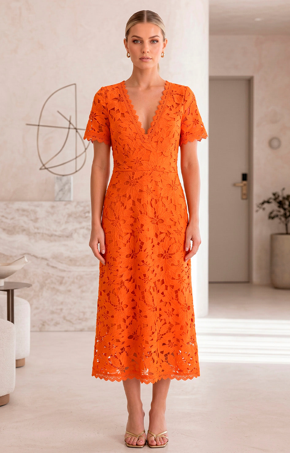 Vestido naranja de guipur - VESTIDO LARGO REGULAR Boutiquemirel 