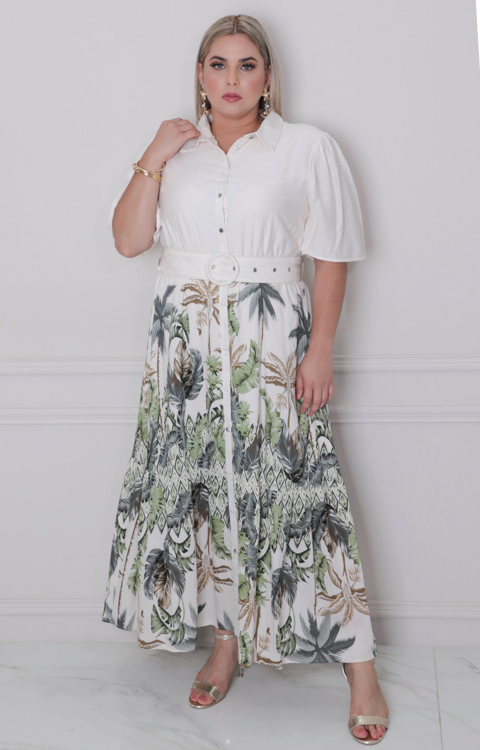 Vestido beige estampado con cinturòn - VESTIDO CORTO CURVY Boutiquemirel 