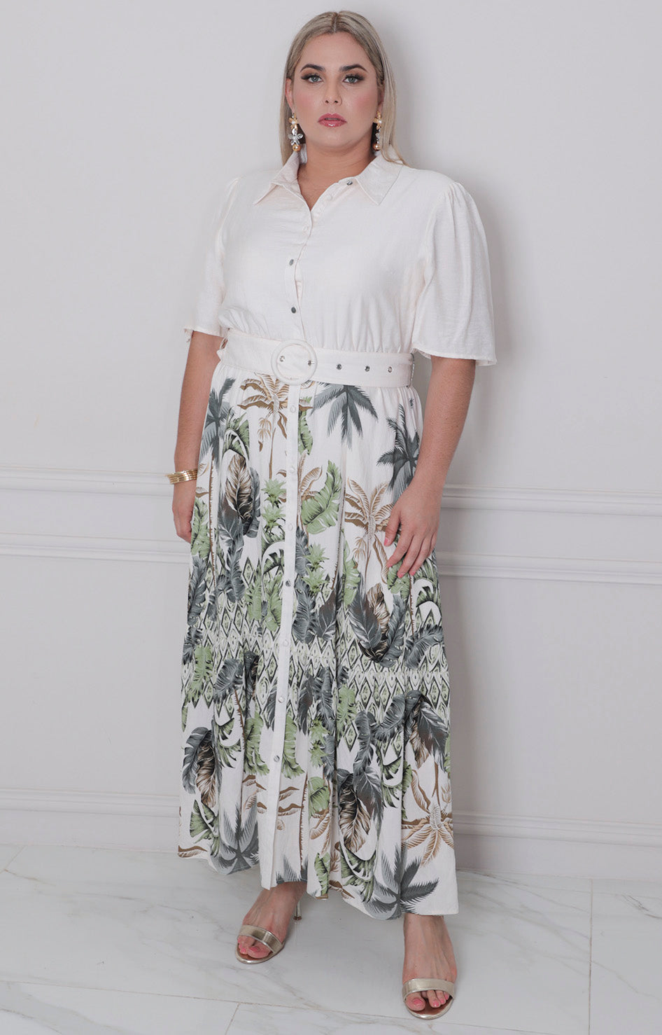 Vestido beige estampado con cinturòn - VESTIDO CORTO CURVY Boutiquemirel 