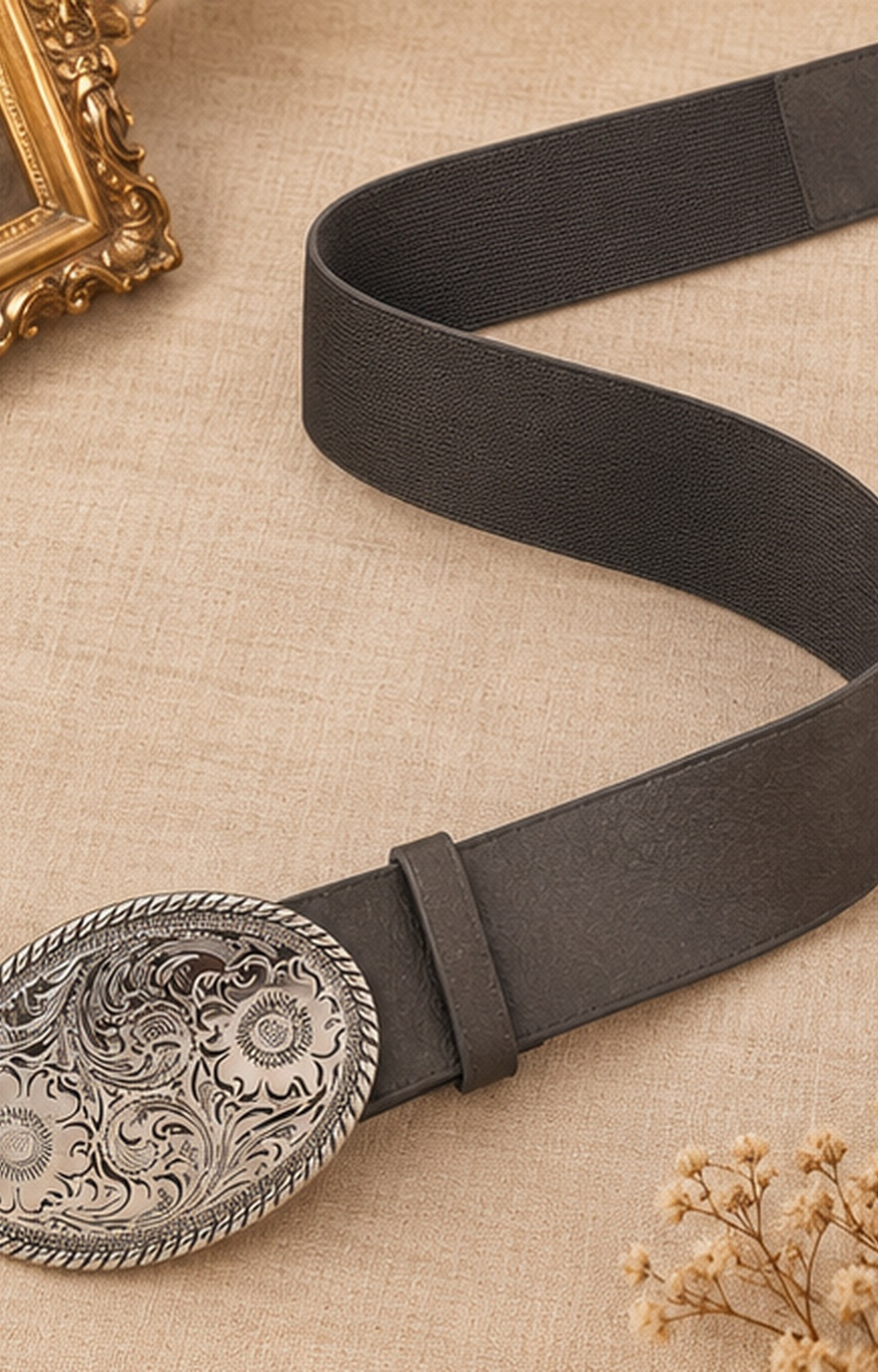 Cinturón vaquero Boutiquemirel con hebilla de filigrana plateada y diseño decorativo sobre fondo neutro