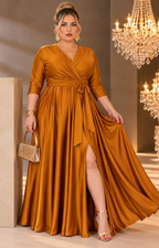 Vestido largo cruzado con cinturón de la marca Boutiquemirel, diseño curvy, en tela fluida y elegante con detalles en la parte superior.