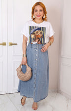 Blusa blanca con estampado de rayas y perrito