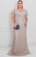Vestido gris con aplicaciones de brillos - VESTIDO LARGO CURVY Boutiquemirel 