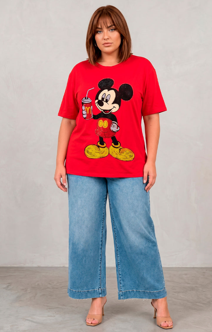 Blusa roja estampada con aplicaciones de brillo
