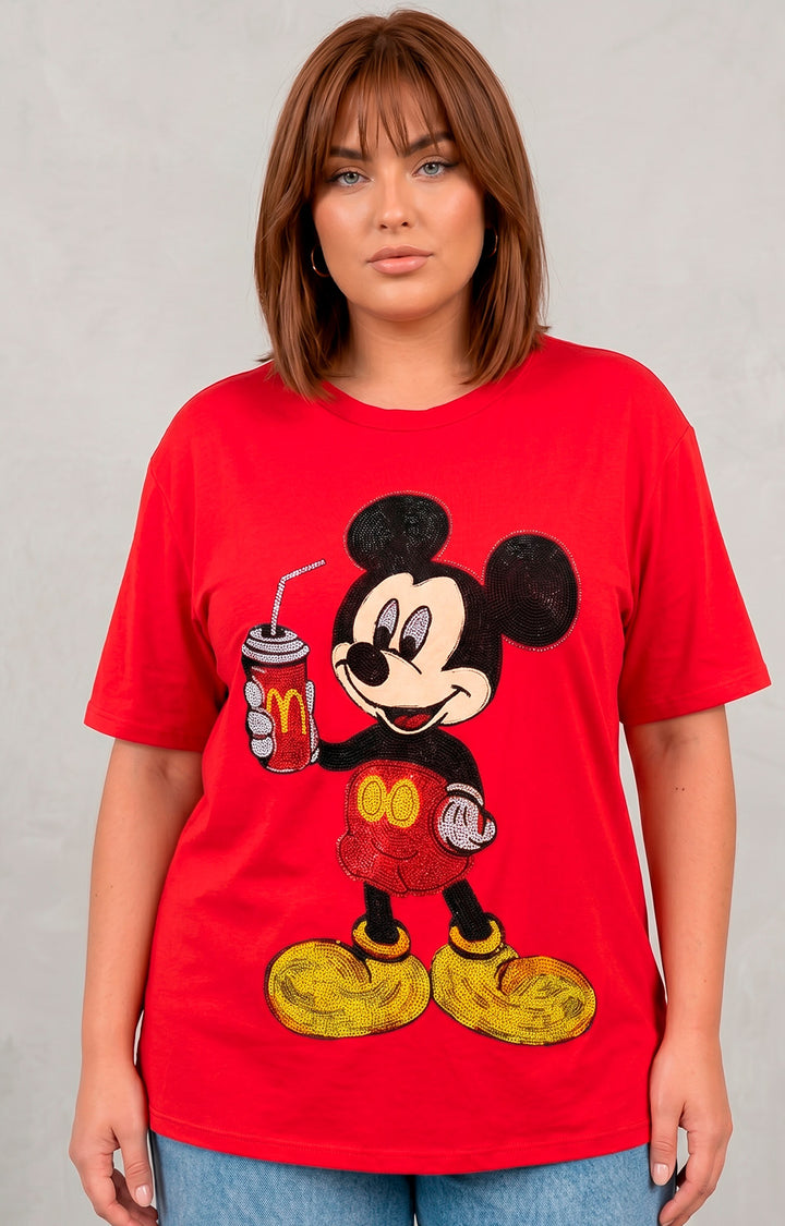 Blusa roja estampada con aplicaciones de brillo