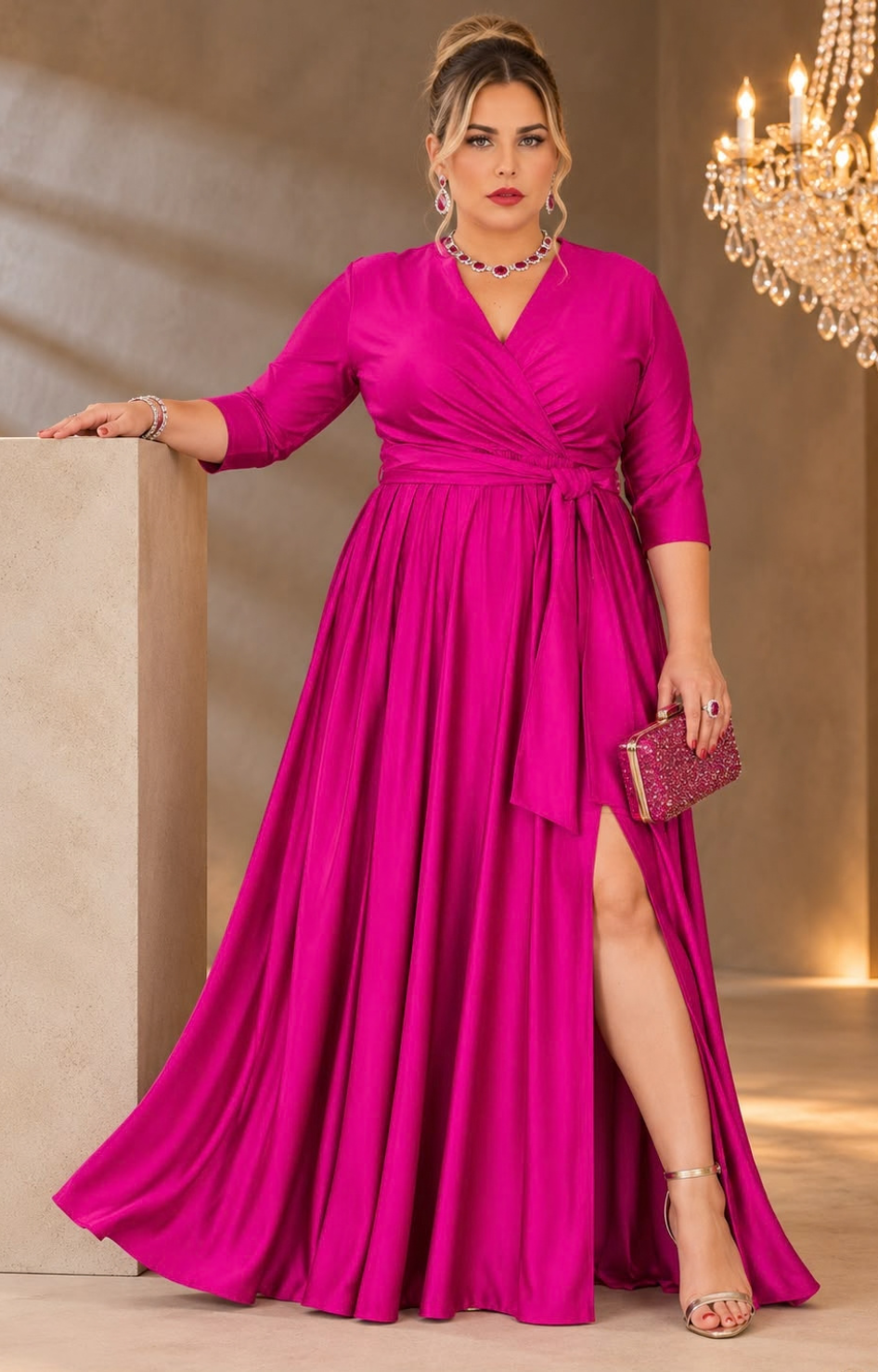 Vestido largo cruzado curvy de Boutiquemirel con cinturón y diseño elegante, mostrando la prenda en color neutro.