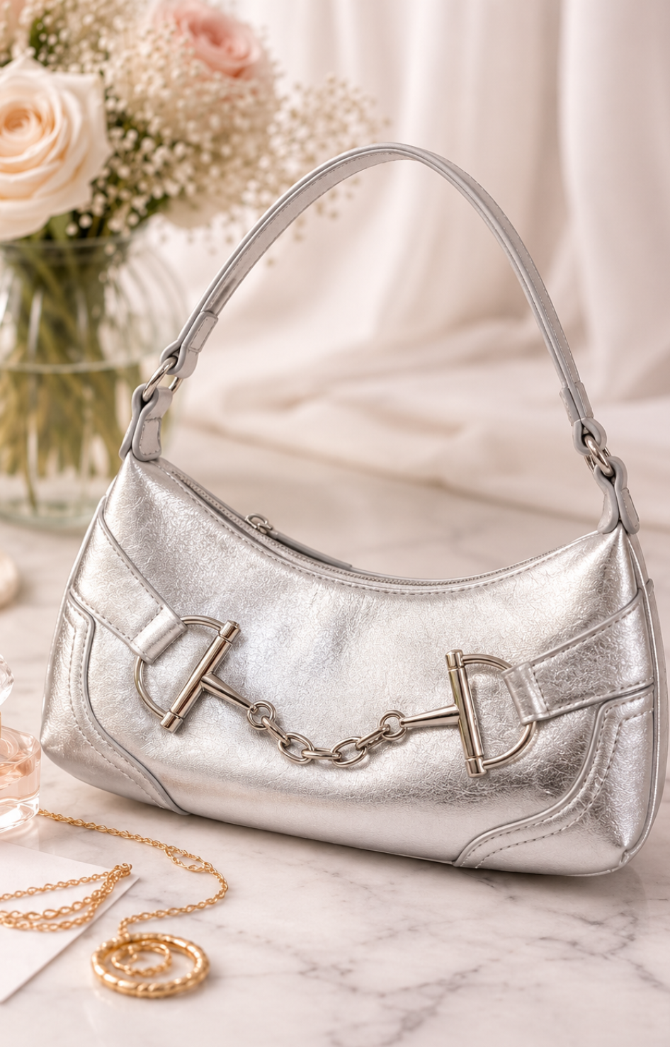 Bolsa hobo metalizada con herraje dorado