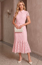 Vestido rosa de guipur con cinturón - VESTIDO LARGO REGULAR Boutiquemirel 