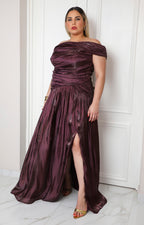 Vestido vino drapeado satinado