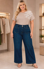 Pantalón de mezclilla de tiro alto con bolsillos frontales - PANTALON MEZCLILLA CURVY Boutiquemirel 