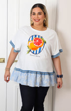 Blusa blanca con estampado de cítricos y olán