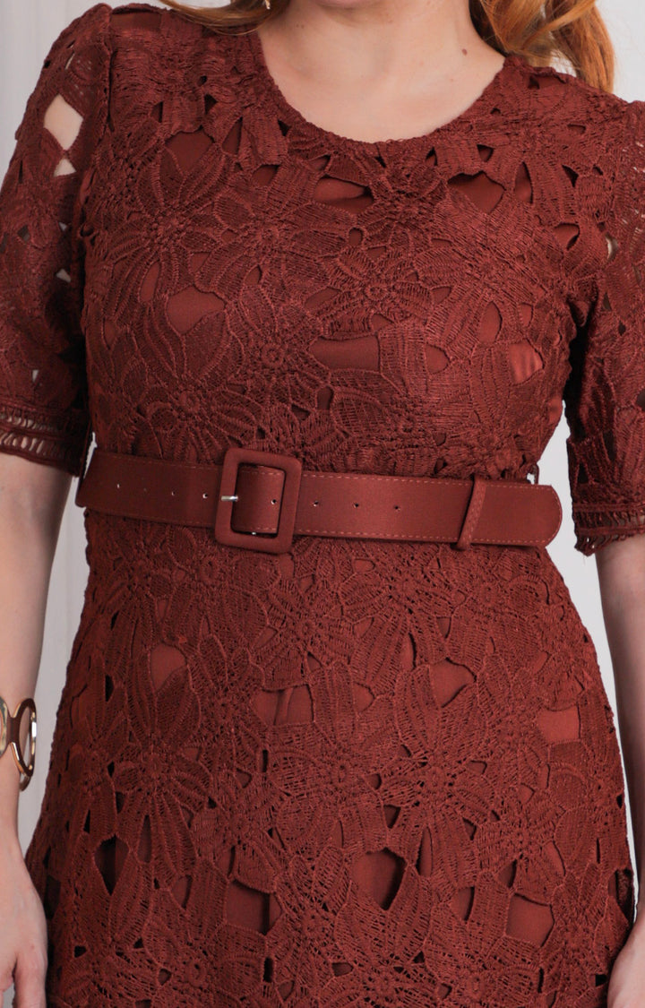 Vestido café de guipur - VESTIDO LARGO REGULAR Boutiquemirel 