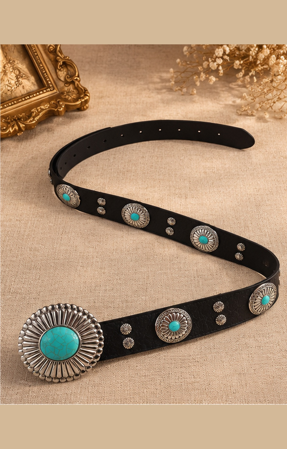 Cinturón vaquero Boutiquemirel con hebilla de turquesa, diseño western en cuero marrón
