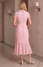 Vestido rosa de guipur con cinturón - VESTIDO LARGO REGULAR Boutiquemirel 