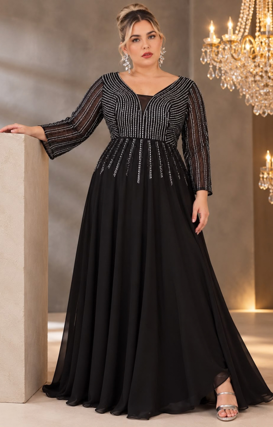 Vestido largo curvy de Boutiquemirel con aplicaciones de brillo y diseño elegante para ocasiones especiales.