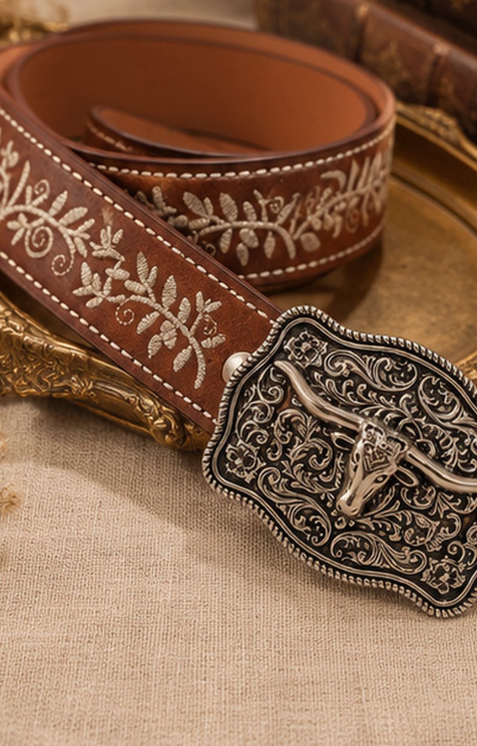 Cinturón vaquero bordado Boutiquemirel con diseño decorativo y hebilla metálica visible