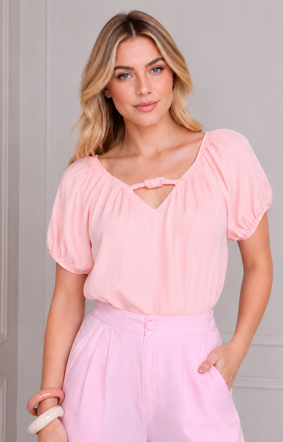 Blusa con manga globo y nudo frontal - BLUSAS REGULAR Boutiquemirel 