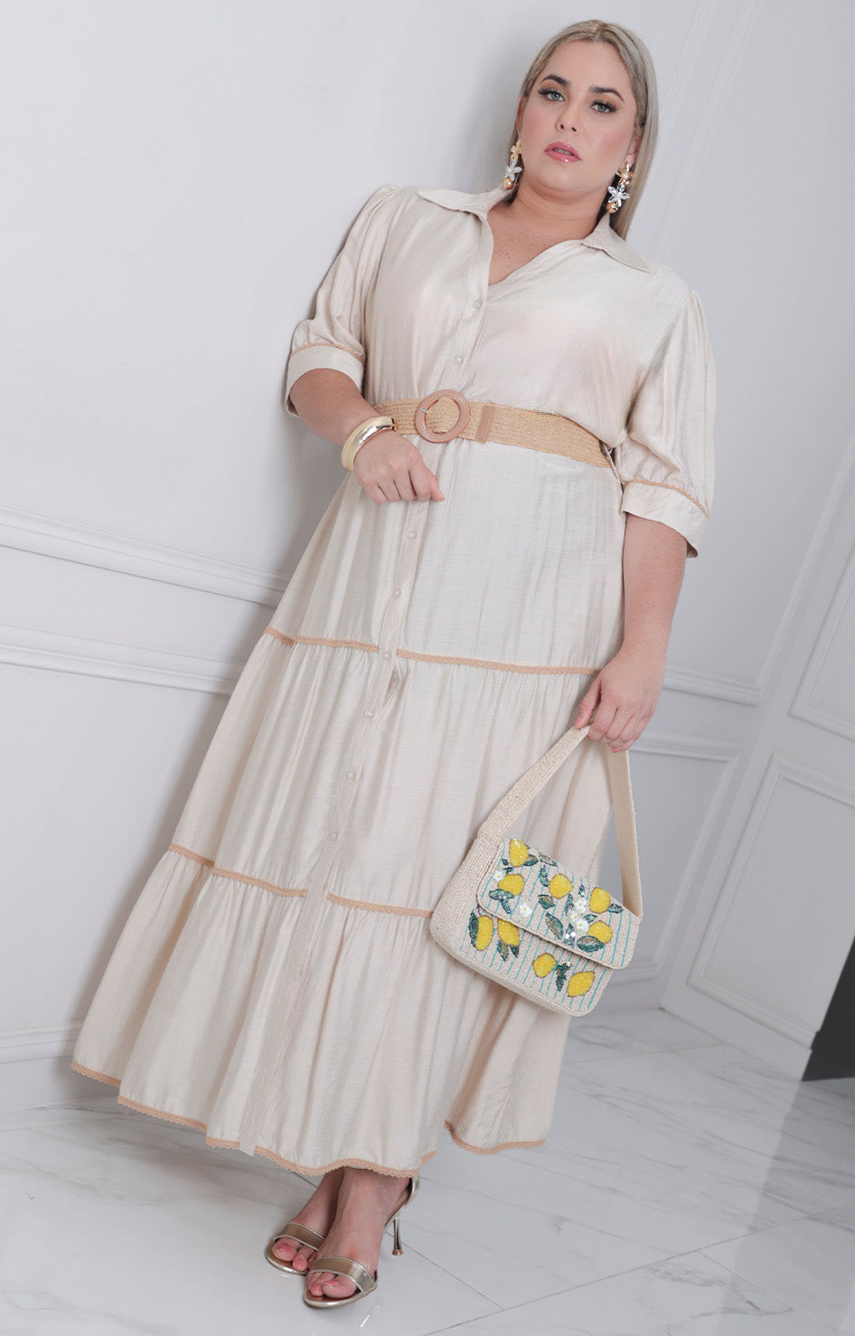 Vestido beige con cinturòn - VESTIDO LARGO CURVY Boutiquemirel 