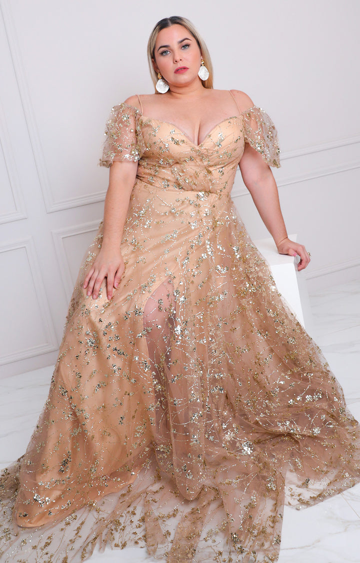 Vestido beige con glitter - VESTIDO LARGO CURVY Boutiquemirel 