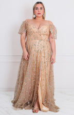 Vestido beige con glitter - VESTIDO LARGO CURVY Boutiquemirel 
