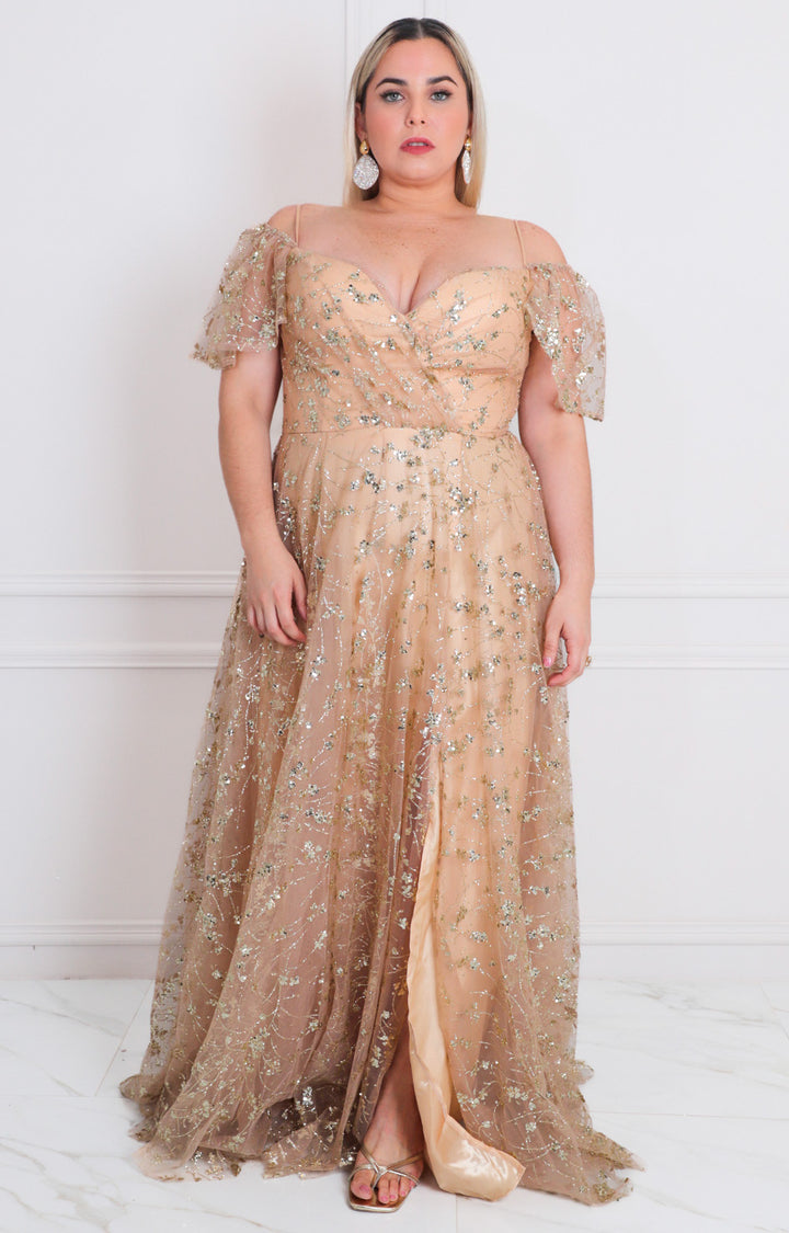 Vestido beige con glitter - VESTIDO LARGO CURVY Boutiquemirel 