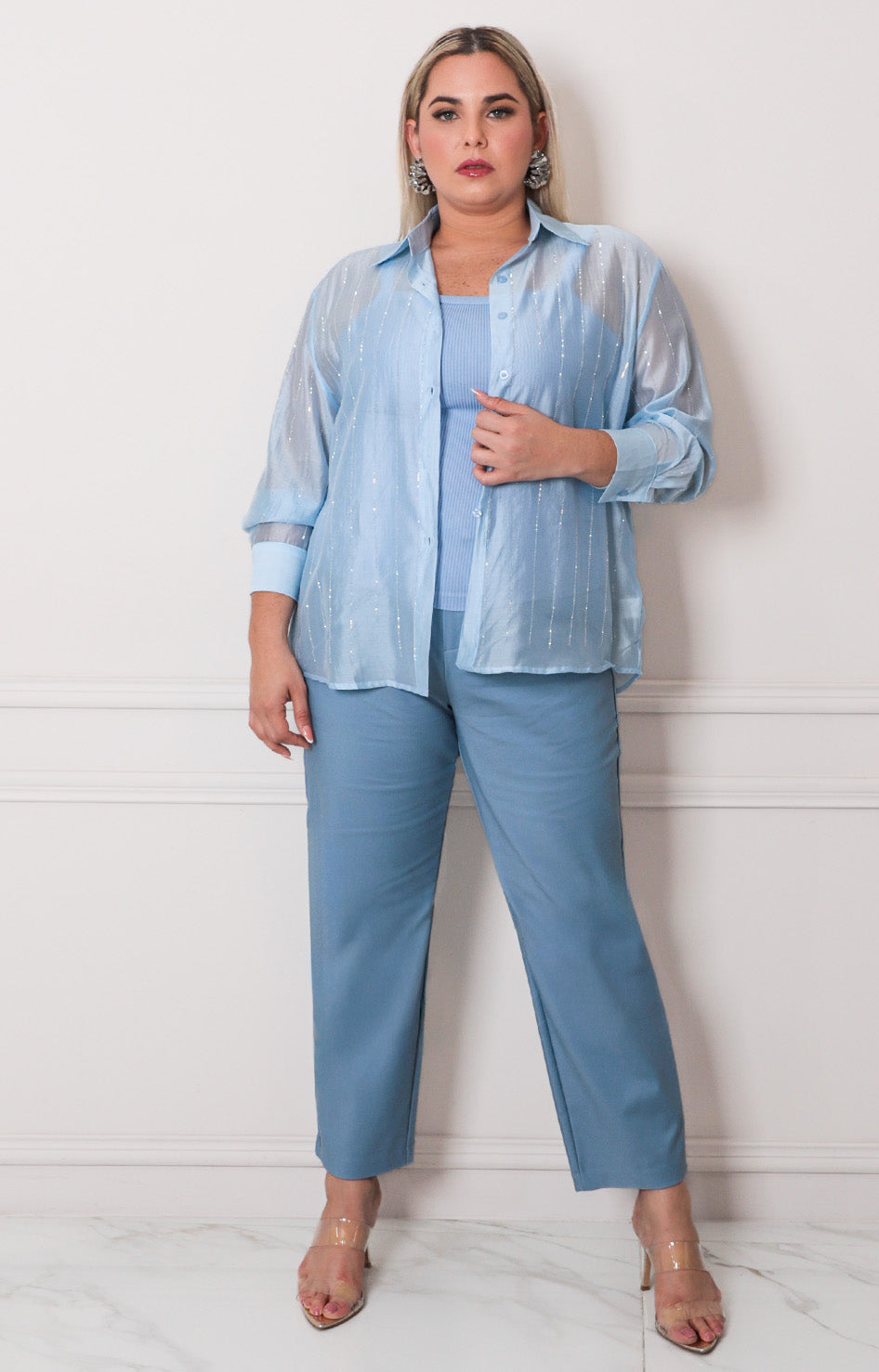 Blusa azul con manga larga - BLUSAS CURVY Boutiquemirel 