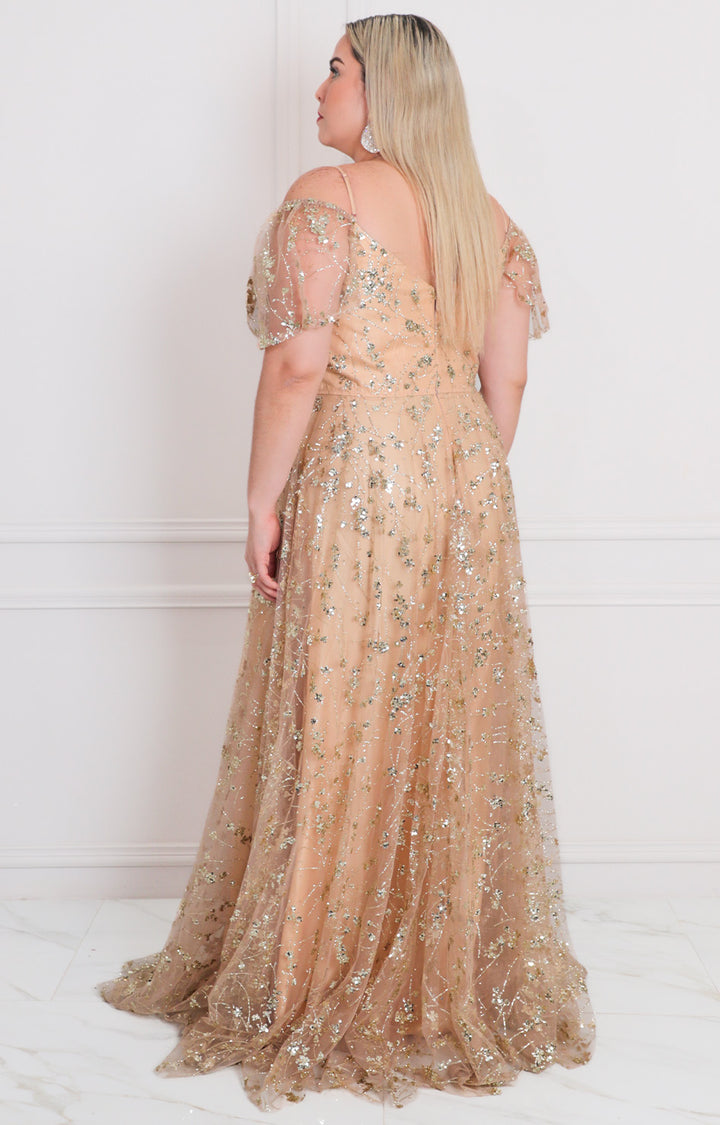 Vestido beige con glitter - VESTIDO LARGO CURVY Boutiquemirel 