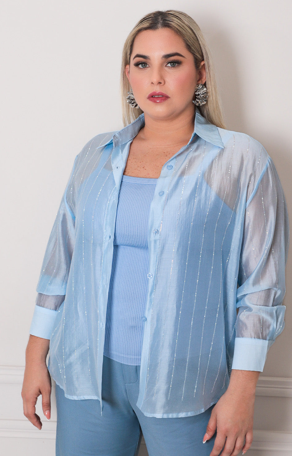 Blusa azul con manga larga - BLUSAS CURVY Boutiquemirel 