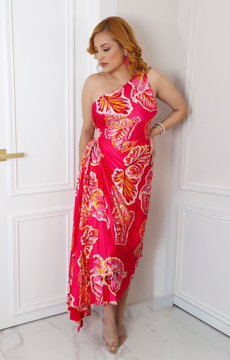 Vestido fucsia estampado asimétrico