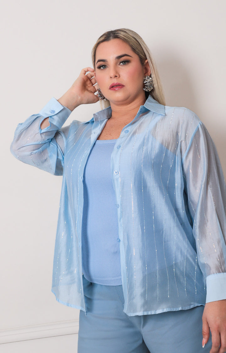 Blusa azul con manga larga - BLUSAS CURVY Boutiquemirel 