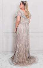 Vestido gris con aplicaciones de brillos - VESTIDO LARGO CURVY Boutiquemirel 