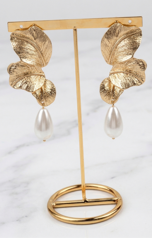 Aretes de Hoja en Oro con Perla Gota - ARETES Boutiquemirel 
