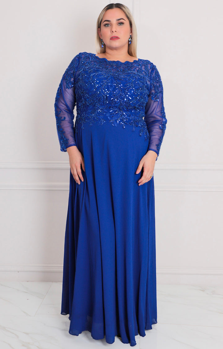 Vestido de gala azul rey con manga larga - VESTIDO LARGO CURVY Boutiquemirel 